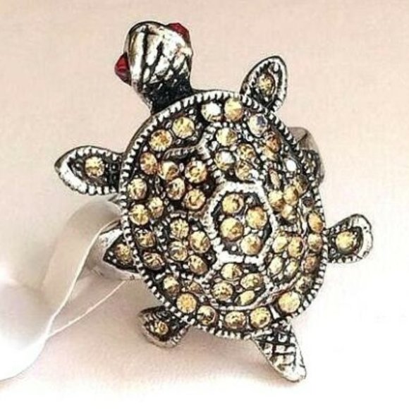 Silver Sea Life Turtle Cocktail Ring Size 6 Champagne Peach Crystals Plated Cute - Picture 2 of 8